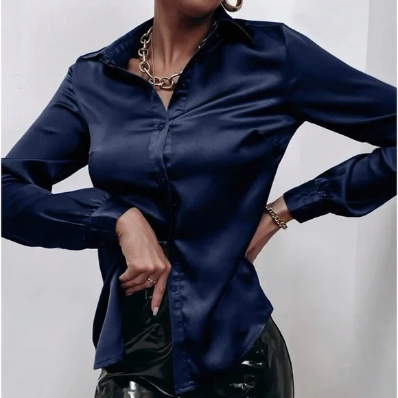 Luxe Stain Button Down Up Shirt Top Blouse Work Office Navy Blue - Picture 5 of 6